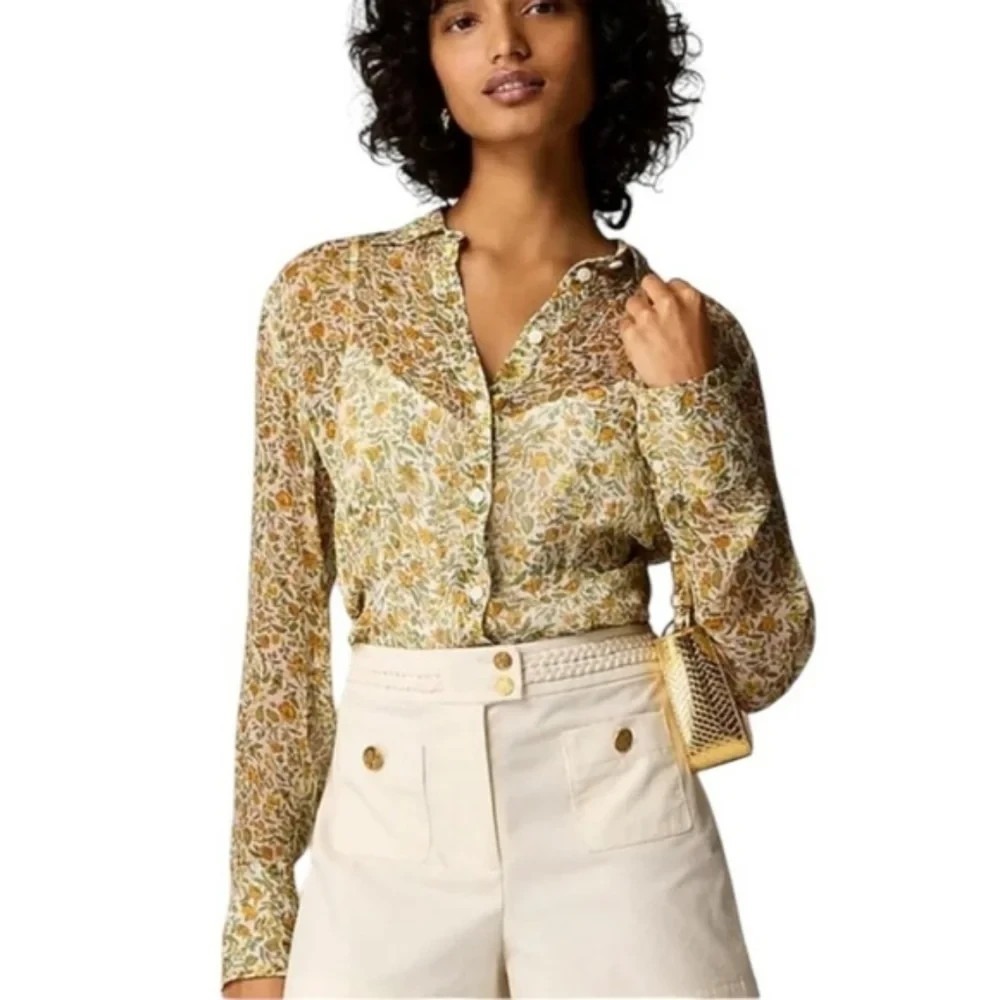 J. CREW Sz 8 Crinkle Chiffon Button-up Shirt in Floral Vines Sheer *NO CAMI
